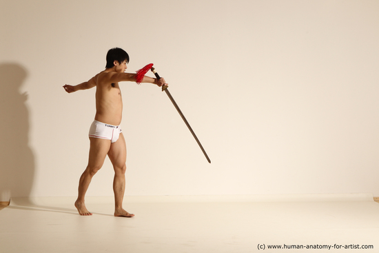 Underwear Fighting with sword Man Asian Athletic Medium Black Dynamic poses Academic