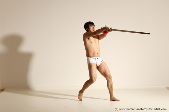 Underwear Fighting with sword Man Asian Athletic Medium Black Dynamic poses Academic