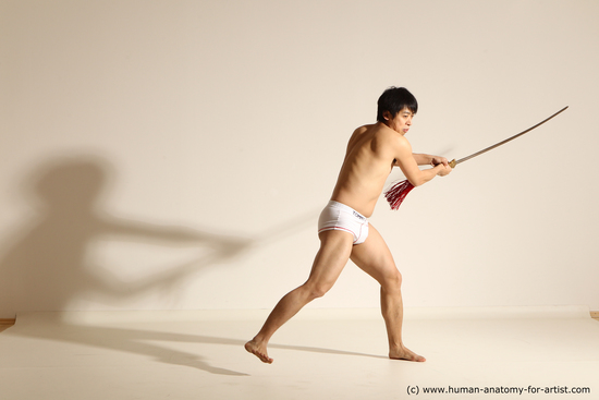 Underwear Fighting with sword Man Asian Athletic Medium Black Dynamic poses Academic