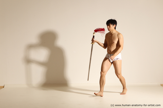 Underwear Fighting with sword Man Asian Athletic Medium Black Dynamic poses Academic