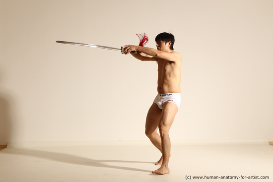 Underwear Fighting with sword Man Asian Athletic Medium Black Dynamic poses Academic