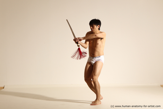 Underwear Fighting with sword Man Asian Athletic Medium Black Dynamic poses Academic