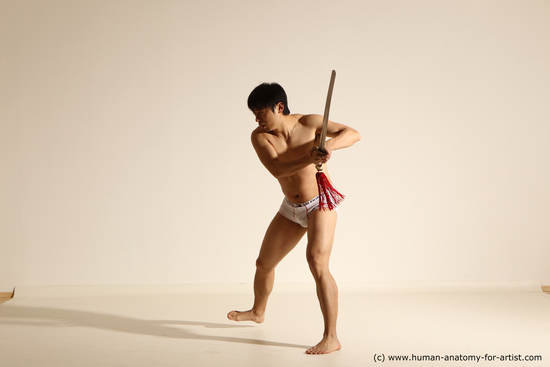 Underwear Fighting with sword Man Asian Athletic Medium Black Dynamic poses Academic