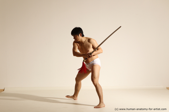 Underwear Fighting with sword Man Asian Athletic Medium Black Dynamic poses Academic