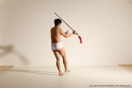 Underwear Fighting with sword Man Asian Athletic Medium Black Dynamic poses Academic