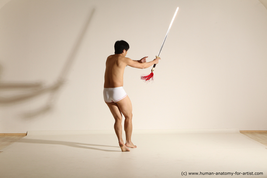 Underwear Fighting with sword Man Asian Athletic Medium Black Dynamic poses Academic