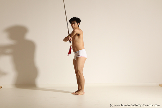 Underwear Fighting with sword Man Asian Athletic Medium Black Dynamic poses Academic