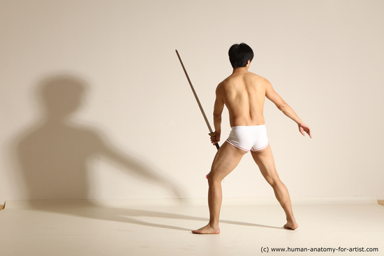 Underwear Fighting with sword Man Asian Athletic Medium Black Dynamic poses Academic