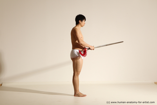 Underwear Fighting with sword Man Asian Athletic Medium Black Dynamic poses Academic