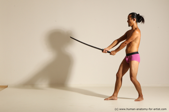 Underwear Fighting with sword Man Asian Athletic Long Black Standard Photoshoot Academic