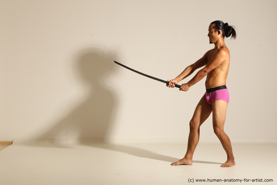 Underwear Fighting with sword Man Asian Athletic Long Black Standard Photoshoot Academic