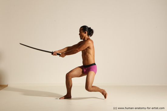 Underwear Fighting with sword Man Asian Athletic Long Black Standard Photoshoot Academic