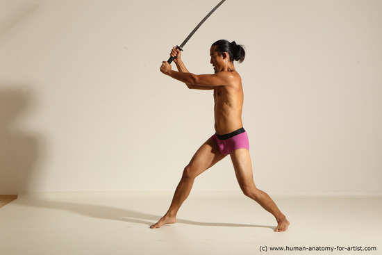 Underwear Fighting with sword Man Asian Athletic Long Black Standard Photoshoot Academic