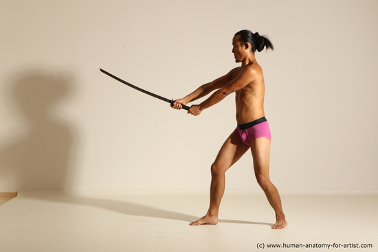 Underwear Fighting with sword Man Asian Athletic Long Black Standard Photoshoot Academic