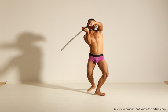 Underwear Fighting with sword Man Asian Athletic Long Black Dynamic poses Academic