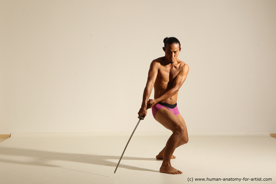 Underwear Fighting with sword Man Asian Athletic Long Black Dynamic poses Academic