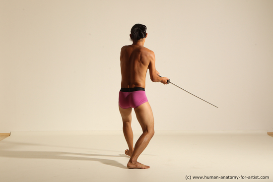 Underwear Fighting with sword Man Asian Athletic Long Black Dynamic poses Academic