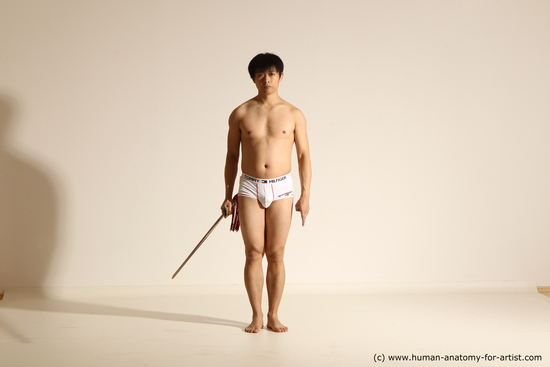 Underwear Fighting with sword Man Asian Slim Short Black Dynamic poses Academic