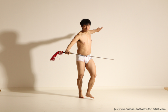 Underwear Fighting with sword Man Asian Slim Short Black Dynamic poses Academic