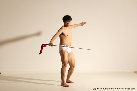 Underwear Fighting with sword Man Asian Slim Short Black Dynamic poses Academic