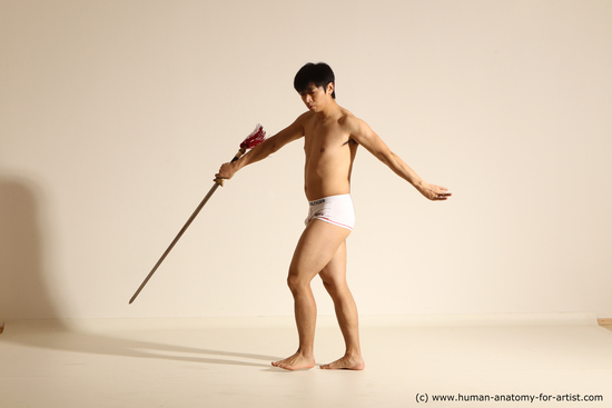 Underwear Fighting with sword Man Asian Slim Short Black Dynamic poses Academic