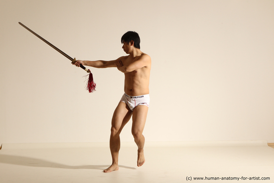 Underwear Fighting with sword Man Asian Slim Short Black Dynamic poses Academic