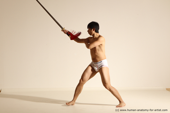 Underwear Fighting with sword Man Asian Slim Short Black Dynamic poses Academic