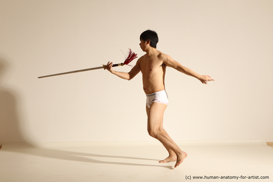 Underwear Fighting with sword Man Asian Slim Short Black Dynamic poses Academic