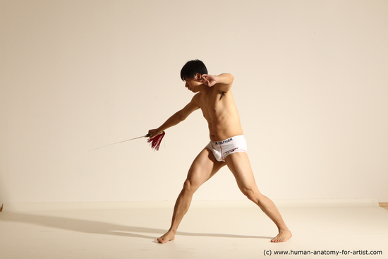 Underwear Fighting with sword Man Asian Slim Short Black Dynamic poses Academic