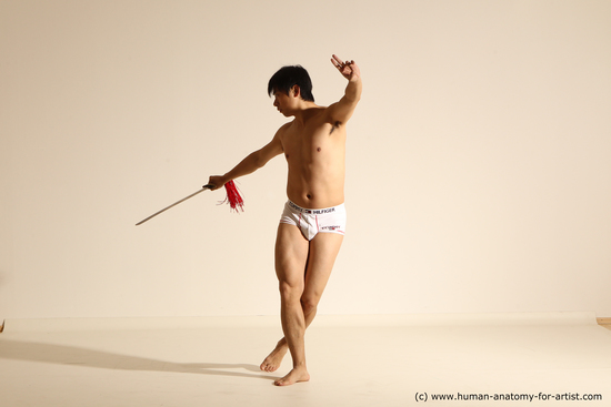 Underwear Fighting with sword Man Asian Slim Short Black Dynamic poses Academic