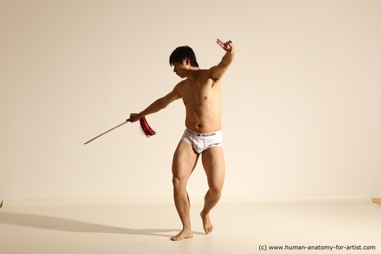 Underwear Fighting with sword Man Asian Slim Short Black Dynamic poses Academic