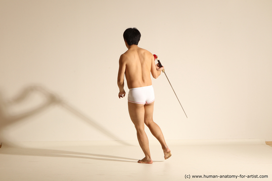 Underwear Fighting with sword Man Asian Slim Short Black Dynamic poses Academic