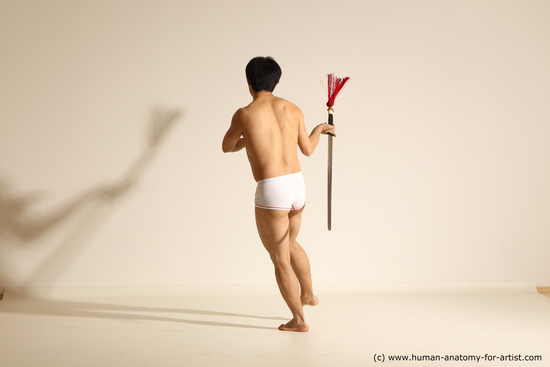 Underwear Fighting with sword Man Asian Slim Short Black Dynamic poses Academic