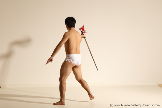 Underwear Fighting with sword Man Asian Slim Short Black Dynamic poses Academic