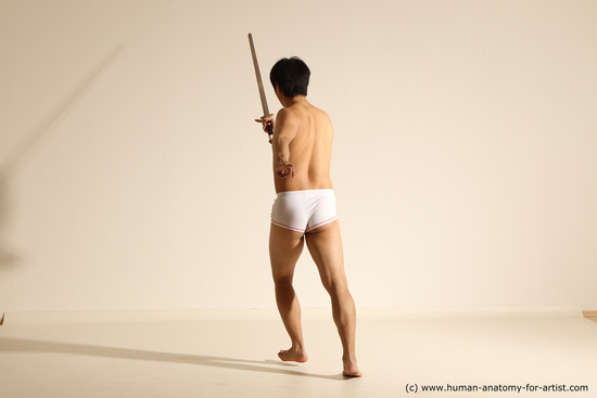 Underwear Fighting with sword Man Asian Slim Short Black Dynamic poses Academic