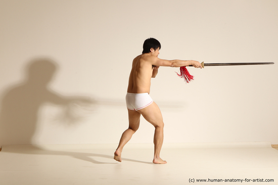 Underwear Fighting with sword Man Asian Slim Short Black Dynamic poses Academic