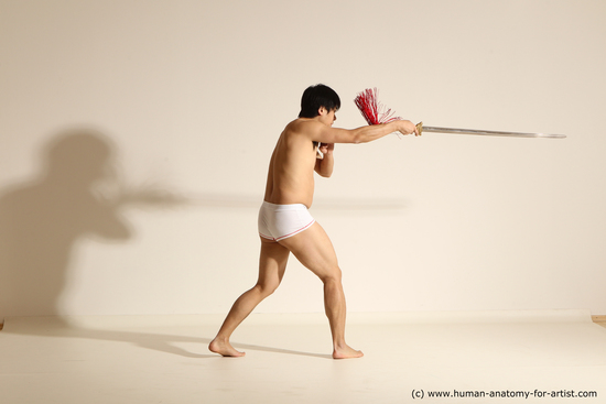 Underwear Fighting with sword Man Asian Slim Short Black Dynamic poses Academic