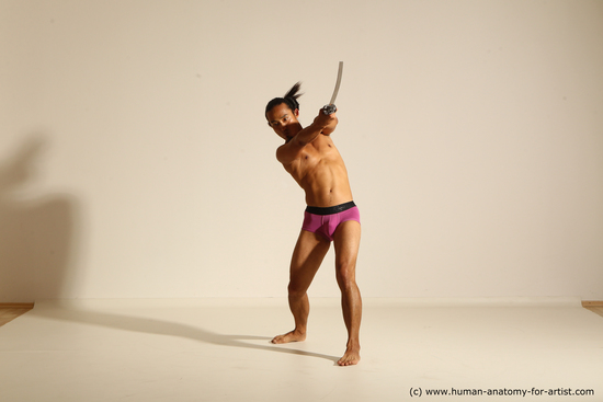 Underwear Fighting with sword Man Asian Athletic Long Black Dynamic poses Academic