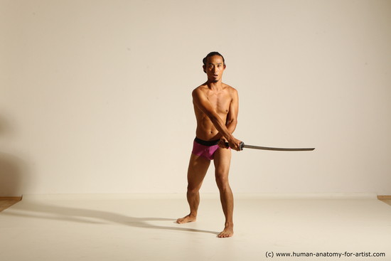 Underwear Fighting with sword Man Asian Athletic Long Black Dynamic poses Academic