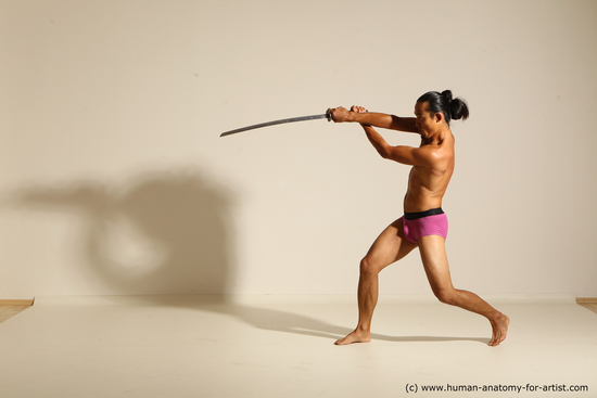 Underwear Fighting with sword Man Asian Athletic Long Black Dynamic poses Academic