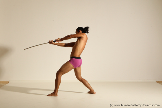 Underwear Fighting with sword Man Asian Athletic Long Black Dynamic poses Academic