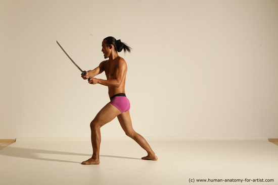 Underwear Fighting with sword Man Asian Athletic Long Black Dynamic poses Academic