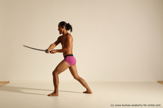 Underwear Fighting with sword Man Asian Athletic Long Black Dynamic poses Academic