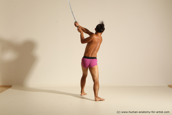 Underwear Fighting with sword Man Asian Athletic Long Black Dynamic poses Academic