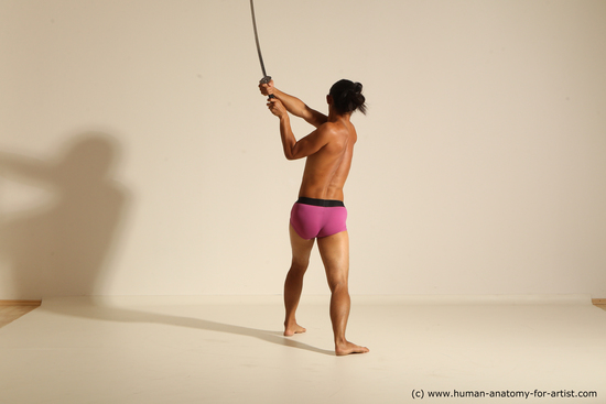 Underwear Fighting with sword Man Asian Athletic Long Black Dynamic poses Academic