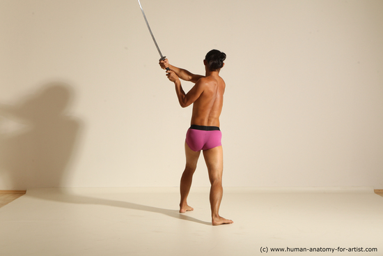 Underwear Fighting with sword Man Asian Athletic Long Black Dynamic poses Academic