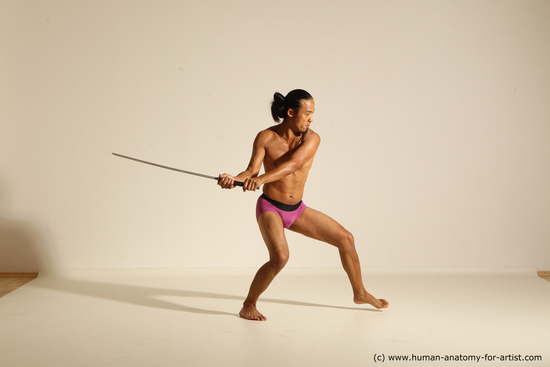 Underwear Fighting with sword Man Asian Athletic Long Black Dynamic poses Academic