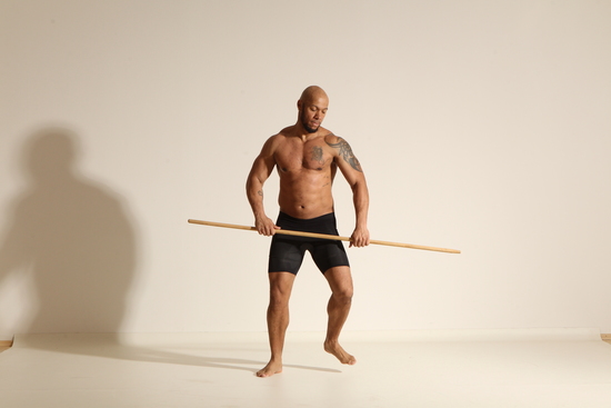 Underwear Man Black Muscular Bald Dancing Dynamic poses Academic