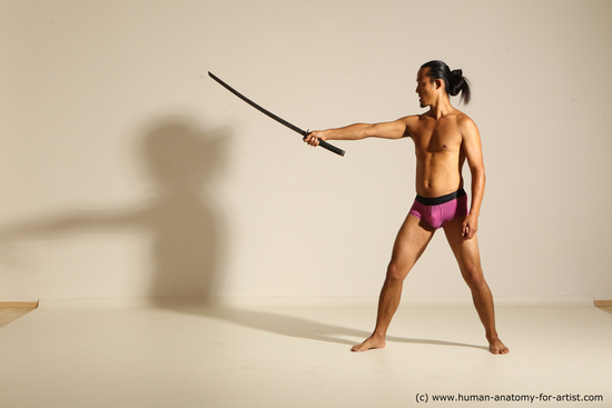 Underwear Fighting with sword Man Asian Athletic Long Black Dynamic poses Academic