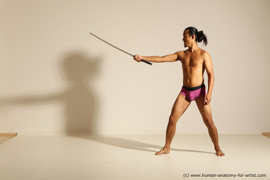 Underwear Fighting with sword Man Asian Athletic Long Black Dynamic poses Academic